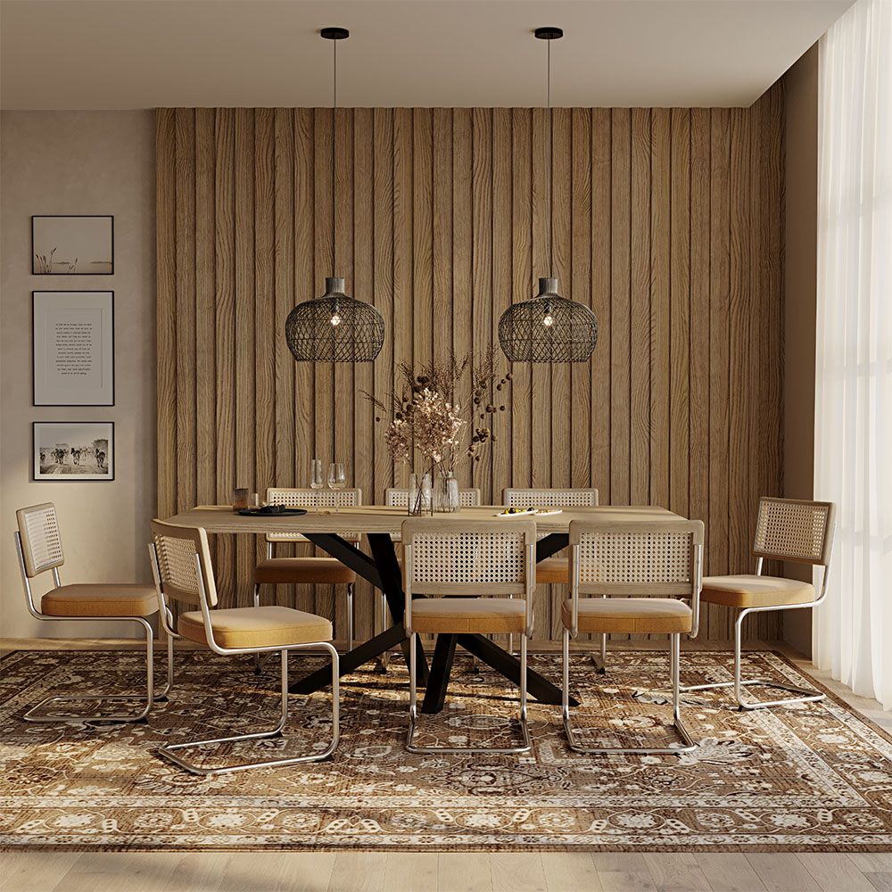Pack Industrial Wooden Table (200cm) & 8 Rattan and Velvet Mesh Chairs - Wanda