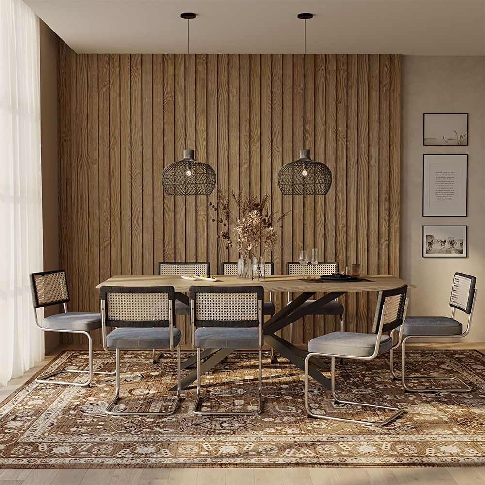 Pack Industrial Wooden Table (220cm) & 8 Rattan and Velvet Mesh Chairs - Jenka